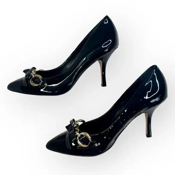 White House Black Market Gabriele Pump Size 6 Black Patent Leather Bow Chain Toe - Picture 5 of 12